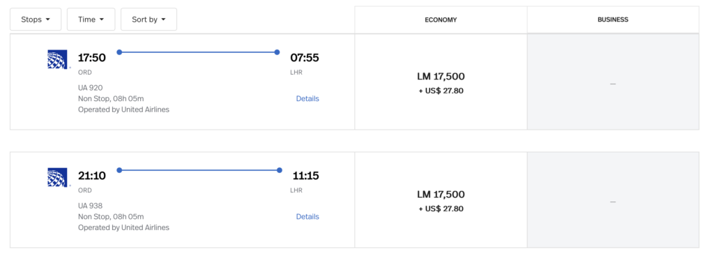 flights to London from Chicago screenshot